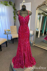 Sexy 2024 Fuchsia Long Formal Prom Dresses Iridescent Sequin Mermaid Sleeveless - MyChicDress